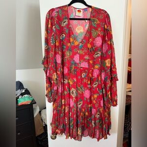 XL Anthropologie x Farm Rio Red Floral Tiered Long-Sleeve Mini Dress